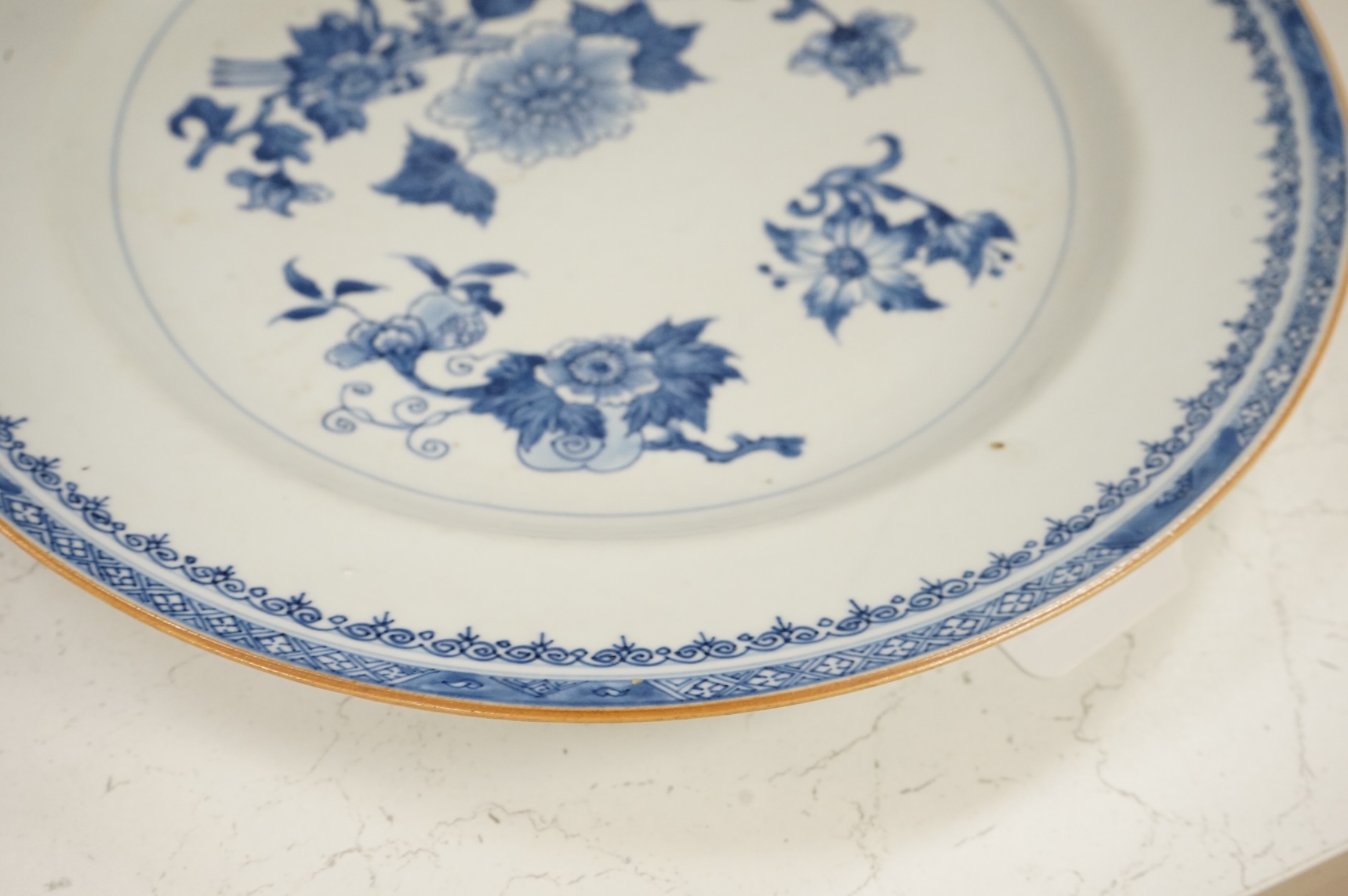 An 18th century Chinese blue and white export dish, 35cm diameter